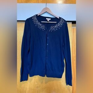 LOFT navy blue button- up sweater with beads, size L.